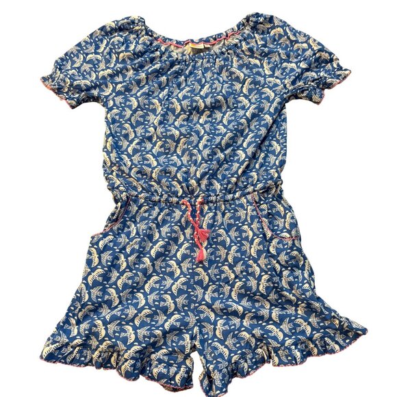 Boden Girls Blue Printed Romper With Elastic Waist & Ruffle Hem Short Sleeves Si - Picture 1 of 3